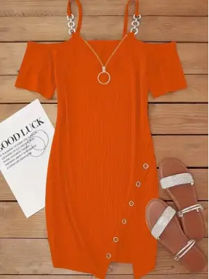 Omarı Asimetrik Kesimli Kalın Fitilli Kaşkorse Elbise