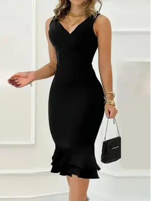 Kadın Askılı V Yaka Arkadan Fermuarlı Dalgıç Elbise