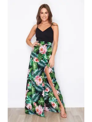 Kadın Askılı V Yaka Eteği Dijital Baskılı çiçek Desenli Yırtmaçlı Mikro Kumaş Elbise