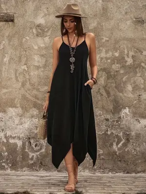 Kadın Askılı V Yakalı Cep Detaylı Asimetrik Kesim Detaylı Viskon Elbise