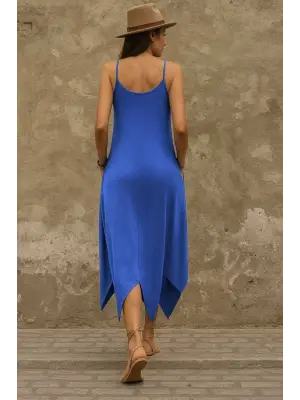 Kadın Askılı V Yakalı Cep Detaylı Asimetrik Kesim Viskon Elbise