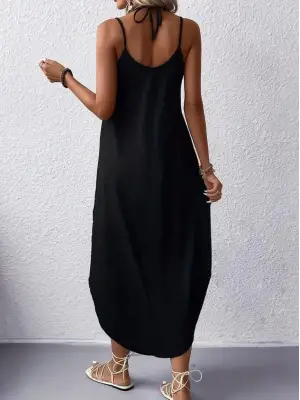 Omarı Etnik Desenli Uzun V Yaka Elbise