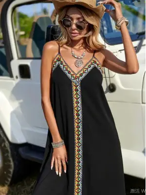 Kadın Askılı V Yakalı Etnik şerit Detaylı Uzun Viskon Elbise