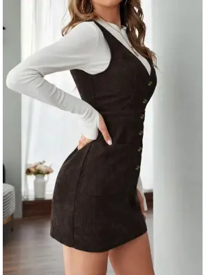Kadın Askılı V Yakalı önden Düğmeli Mini Kalın Fitilli Kadife Elbise