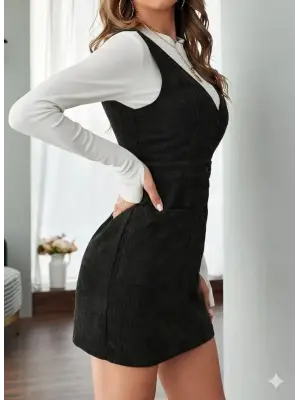 Kadın Askılı V Yakalı önden Düğmeli Mini Kalın Fitilli Kadife Elbise