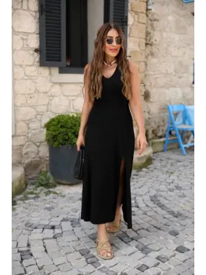 Kadın Askılı V Yakalı Yırtmaçlı Viskon Elbise