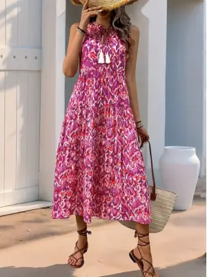 Kadın Askılı Yakası Fırfırlı Bağcıklı Desenli Uzun Süprem Elbise