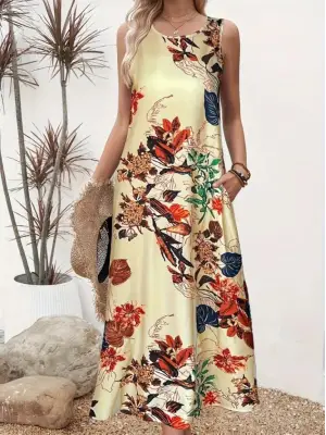 Kadın Askılı Yuvarlak Yaka Cepli Desenli Süprem Elbise