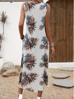 Kadın Askılı Yuvarlak Yaka Cepli Desenli Süprem Elbise