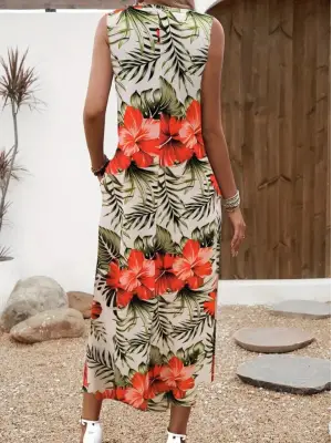 Kadın Askılı Yuvarlak Yaka Cepli Desenli Süprem Elbise