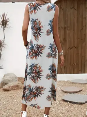 Kadın Askılı Yuvarlak Yaka Cepli Desenli Süprem Elbise