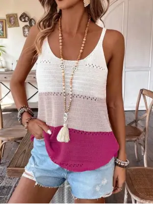 Kadın Askılı Yuvarlak Yaka çift Renkli Triko Bluz