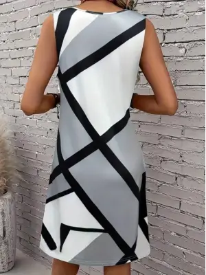 Kadın Askılı Yuvarlak Yaka Geometrik Desenli Kısa Süprem Elbise
