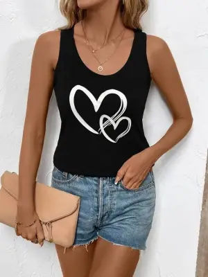 Kadın Askılı Yuvarlak Yaka Kalp Baskılı Viskon Bluz