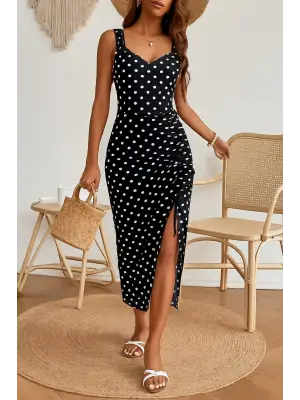 Kadın Askılı Yuvarlak Yaka Kalp Yaka Yandan Büzgülü Yırtmaç Detaylı Puantiyeli örme Krep Elbise