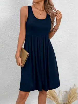 Kadın Askılı Yuvarlak Yaka önden Pileli Viskon Elbise