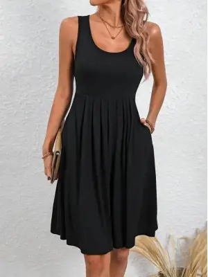 Kadın Askılı Yuvarlak Yaka önden Pileli Viskon Elbise