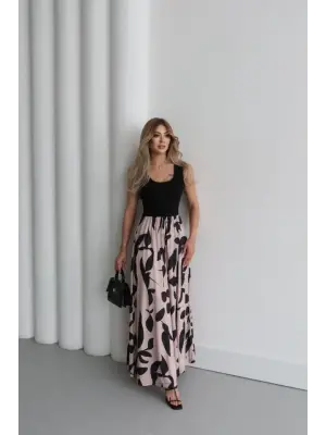Kadın Askılı Yuvarlak Yaka üst Viskon Alt Desenli Uzun Süprem Elbise