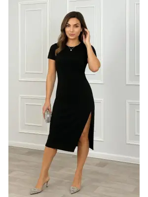 Kadın Askılı Yuvarlak Yaka Yandan Yırtmaç Ve Büzgü Detaylı Janjan Krep Elbise