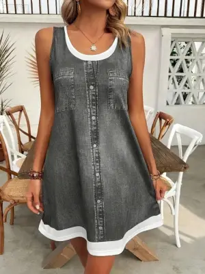 Kadın Askılı Yuvarlak Yakalı Kot Görünümlü Kısa Elbise