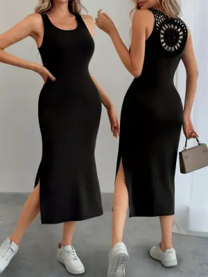 Kadın Askılı Yuvarlak Yakalı Yandan Yırtmaçlı Arkası Dantel Detaylı Viskon Elbise