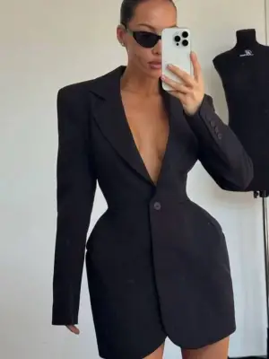 Kadın Atlas-dokuma Kumaş Birleşimi Ceket Elbise