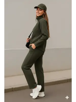 Kadın Balıkçı Yaka Fermuar Detay Polar Sweat Ve Pantolon Ikili Takım