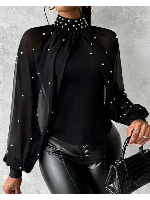 Kadın Balıkçı Yaka Incili Pelerin Ithal Krep Bluz