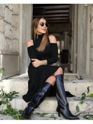 Kadın Balıkçı Yaka Omuzlardan Açık Uzun Kollu Janjan Krep Elbise