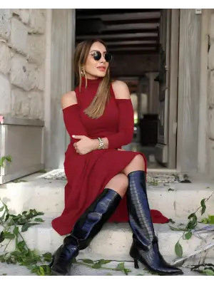 Kadın Balıkçı Yaka Omuzlardan Açık Uzun Kollu Janjan Krep Elbise