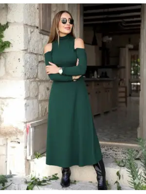 Kadın Balıkçı Yaka Omuzlardan Açık Uzun Kollu Janjan Krep Elbise