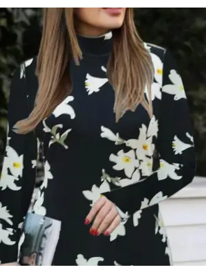 Kadın Balıkçı Yaka Uzun Kollu çiçek Desenli Krep Elbise