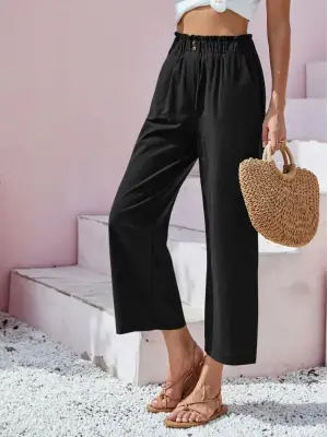 Kadın Bel Büzgü Ve Düğme Detay Kapri Keten Pantolon