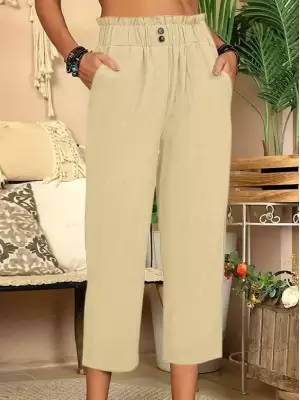 Kadın Bel Büzgü Ve Düğme Detay Kısa Geniş Paça Keten Pantolon