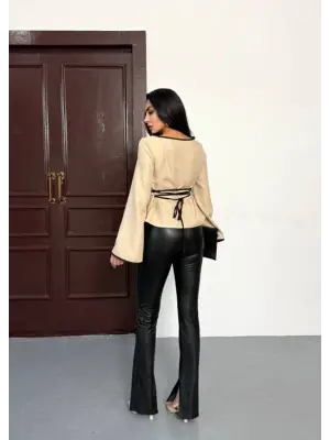 Kadın Belde Bağcık Detaylı Keten Bluz