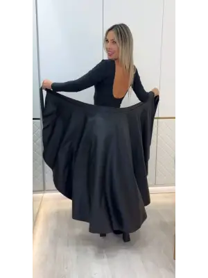 Kadın Belden Kuşaklı Uzun Deri Etek