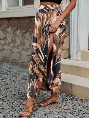 Kadın Yandan Yırtmaçlı Desenli Süprem Etek