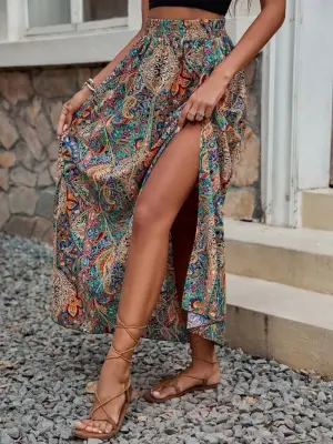 Omarı Desenli Süprem Etek - Kadın Beli Büzgülü ve Yandan Yırtmaçlı