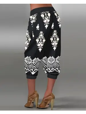 Omarı Etnik Desenli Beli Lastikli Kapri Pantolon