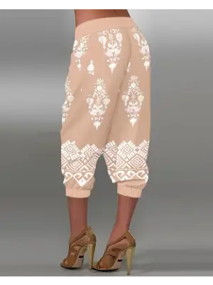 Kadın Beli Lastikli Etnik Desenli Kapri Süprem Pantolon