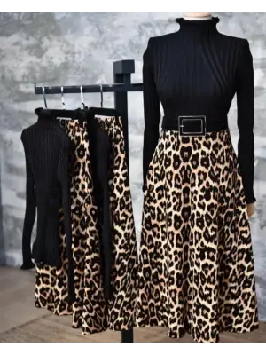 Kadın Beli Lastikli Leopar Desenli Krep Kumaş Efsane Etek Kemersiz