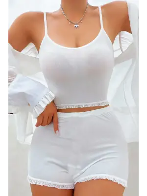 Omarı Dantel Detaylı Şık Beyaz Gecelik Takım