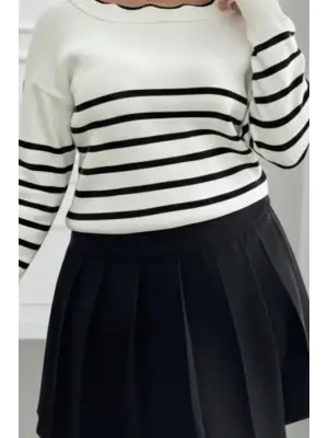 Kadın Beyaz Sırt Bağlama Detaylı çizgi Desen Triko Bluz