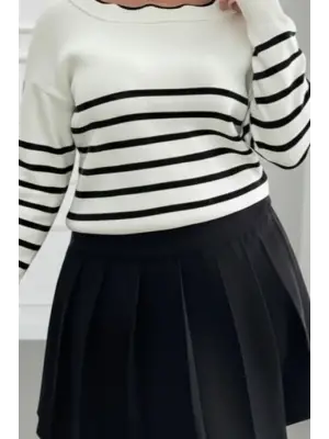 Kadın Beyaz Sırt Bağlama Detaylı çizgi Desen Triko Bluz