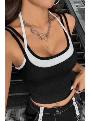 Omarı Etkileyici Renkli Çapraz Askılı Crop Top Bluz