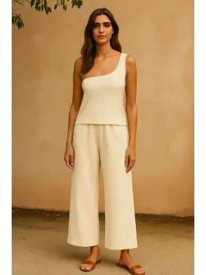 Kadın Beyaz Tek Omuzlu Şık Bluz & Geniş Paça Pantolon İkili Takım