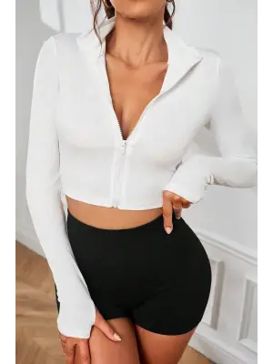 Omarı Fermuar Detaylı Uzun Kol Crop Top Bluz