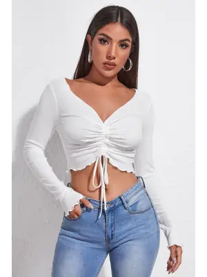 Omarı Beyaz Kadın Uzun Kollu Crop Top Bluz