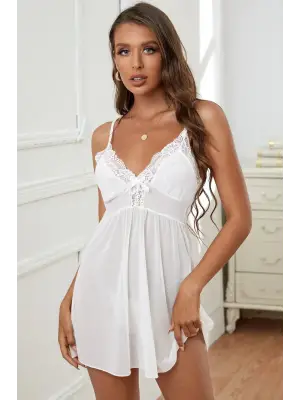 Omarı Beyaz Dantel Detaylı V Yaka Gecelik