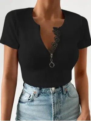 Kadın Beyaz Yaka Dantel Ve Fermuarlı Kaşkorse Bluz